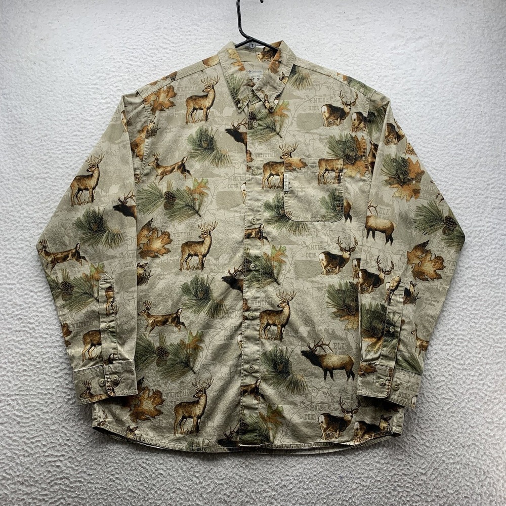 Columbia PHG Button Up‎ Shirt Mens Medium M Deer Elk Allover Print Hunting Dad